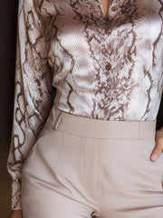 Satin Snake-Print Button-Up Shirt With Tailored Fit