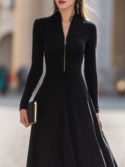 Black Long Sleeve Zip-Front Maxi Dress - Timeless Elegance For Formal Glamour