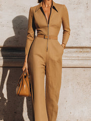 Camel Tailored Zip-Front Jumpsuit
