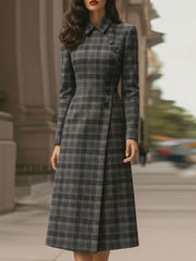 Elegant Plaid Asymmetric Button - Front Midi Dress