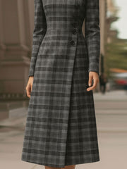 Elegant Plaid Asymmetric Button - Front Midi Dress