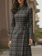 Elegant Plaid Asymmetric Button - Front Midi Dress