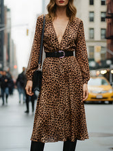 Belted V-Neck Long-Sleeve Leopard Midi Dress