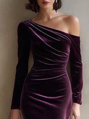 Burgundy One-Shoulder Velvet Midi Dress