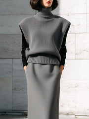 Gray Knit Turtleneck Vest And Midi Skirt Set