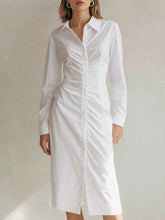 Elegant White Ruched Midi Shirt Dress