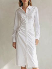 Elegant White Ruched Midi Shirt Dress