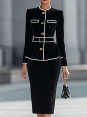 Black Velvet Contrast Trim Peplum Jacket & Pencil Skirt Set