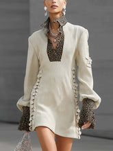 Beige Corduroy Leopard Print Turn-down Collar And Cuff Ruffle Mini Dress