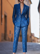 Chic Royal Blue Lace Tailored Suit Set