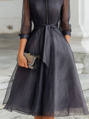 Elegant Belted Midi Dress With Sheer Structured Bodice