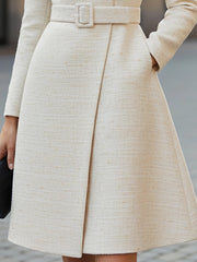 Elegant Belted High-Neck Wool Blend Dress