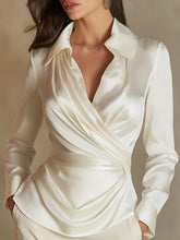 Ivory Satin Draped Wrap Blouse With Structured Collar