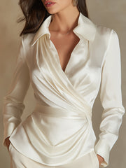 Ivory Satin Draped Wrap Blouse With Structured Collar