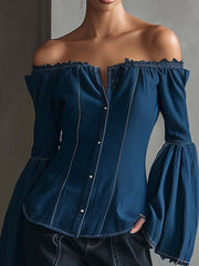Off Shoulder Denim Patchwork Blouse