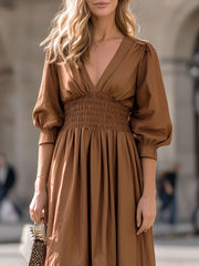 Elegant Camel Deep V-Neck Smocked-Waist Midi Dress