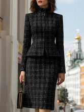 Plaid Peplum Jacket And Pencil Skirt Set