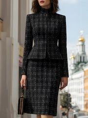 Plaid Peplum Jacket And Pencil Skirt Set