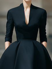 Elegant Plain Midi Dress With Deep V-Neck