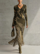 Yohers Olive Camo Knit V-Neck Fringe Hem Bodycon Dress