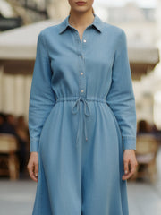 Light Blue Button-Front Drawstring Midi Shirt Dress