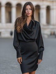 Elegant Satin Draped Cowl Neck Dress