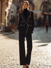 Black Pinstripe Double-Breasted Suit With Contrast Piping