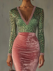 Pink Velvet Bodycon Dress With Patchwork Webbing And Leopard Print