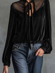 Black Sparkle Velvet Blouse With Mesh Patchwork