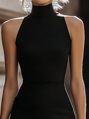 Elegant Black and White High Neck Midi Dress