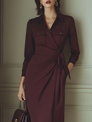 Burgundy Wrap-Front Shirt Dress With Draped Waist