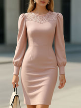 Elegant Blush Pink Lace-Trimmed Puff Sleeve Sheath Dress