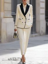 Cream Double-Breasted Suit Set With Black Contrast Trims