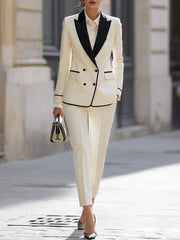 Cream Double-Breasted Suit Set With Black Contrast Trims