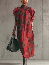 Red Plaid Cotton Half Sleeve Maxi Dress