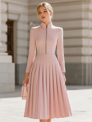 Elegant Blush Pink Pleated Midi Dress With Stand Collar