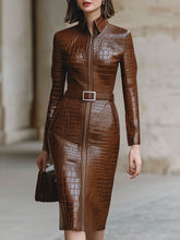 Brown Crocodile-Embossed Leather Midi Dress