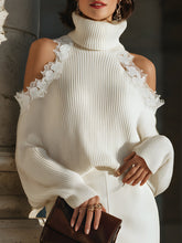 Lace-Trim Cold-Shoulder Ribbed Turtleneck Sweater