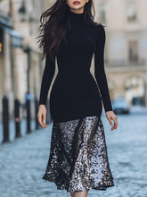 Elegant High-Neck Velvet And Sequin Panel Midi Dress