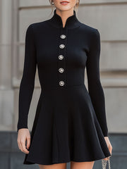 Elegant Black Ribbed Knit High-Neck Mini Dress