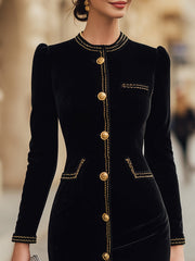 Velvet Gold-Trim Buttoned Midi Dress