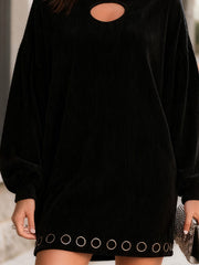 Edgy Black Corduroy O-Ring Detail Mini Dress