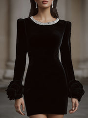 Elegant Velvet Mini Dress With Embellished Neckline And Floral Cuff Detail