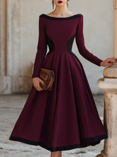 Burgundy Color-Block A-Line Dress With Black Accents