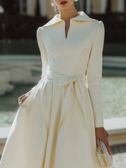 Elegant Asymmetric Collar Midi Dress With Waist Tie