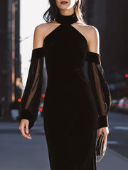 Black Velvet Off-Shoulder Mesh-Sleeve Mermaid Gown