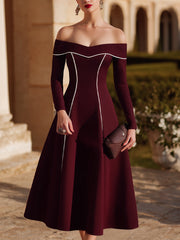 Burgundy Off-Shoulder Dress With White Piping