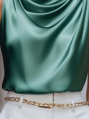 Teal Satin Drape Neck Blouse