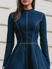 Chic Navy Denim Contrast-Stitch Mini Dress
