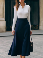 Two-Tone Knit A-Line Midi Dress With Zip Collar